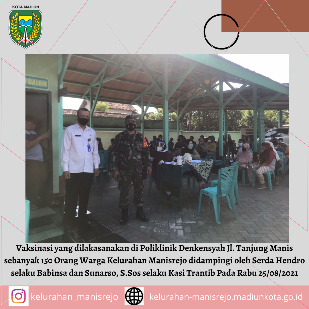 Vaksinasi yang dilaksanakan di Poliklinik Denkensyah sebanyak 150 Orang Warga Manisrejo di Jl. Tanjung Manis No. 17